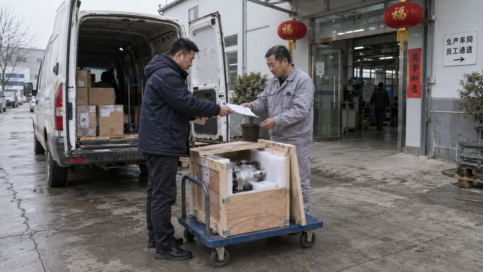 春节期间运输专员与工厂人员交接木箱内的核心零部件